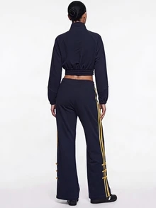 SHEIN ICON Women's Cropped Sweatshirt With Frog Button Design And Side Stripes - Navy Blue - View 2