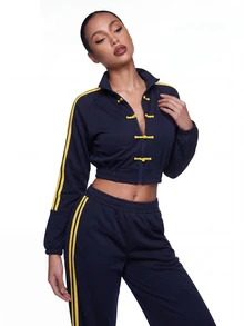 SHEIN ICON Women's Cropped Sweatshirt With Frog Button Design And Side Stripes - Navy Blue - View 5