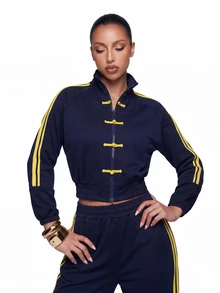 SHEIN ICON Women's Cropped Sweatshirt With Frog Button Design And Side Stripes - Navy Blue - View 6