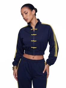 SHEIN ICON Women's Cropped Sweatshirt With Frog Button Design And Side Stripes - Navy Blue - View 4