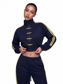 SHEIN ICON Women's Cropped Sweatshirt With Frog Button Design And Side Stripes - Navy Blue - View 7