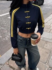 SHEIN ICON Women's Cropped Sweatshirt With Frog Button Design And Side Stripes - Navy Blue - View 3