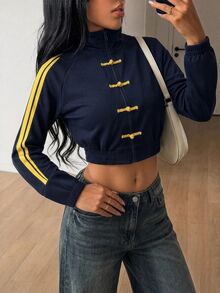 SHEIN ICON Women's Cropped Sweatshirt With Frog Button Design And Side Stripes - Navy Blue - View 1