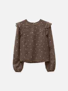 Nöista Brown Polka Dot Top, Straight  Loose, French Retro, Ruffles, Romantic Elegant. Versatile, Playful, Practical Every Woman's Wardrobe.Fall/Winter,. - Brown - View 4
