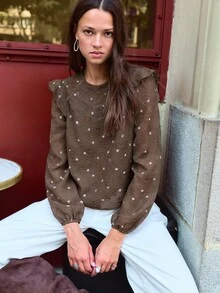 Nöista Brown Polka Dot Top, Straight  Loose, French Retro, Ruffles, Romantic Elegant. Versatile, Playful, Practical Every Woman's Wardrobe.Fall/Winter,. - Brown - View 1