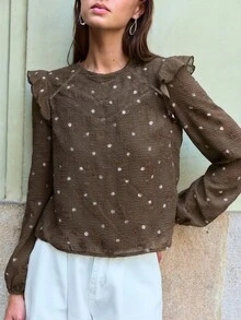 Nöista Brown Polka Dot Top, Straight  Loose, French Retro, Ruffles, Romantic Elegant. Versatile, Playful, Practical Every Woman's Wardrobe.Fall/Winter,. - Brown - View 3