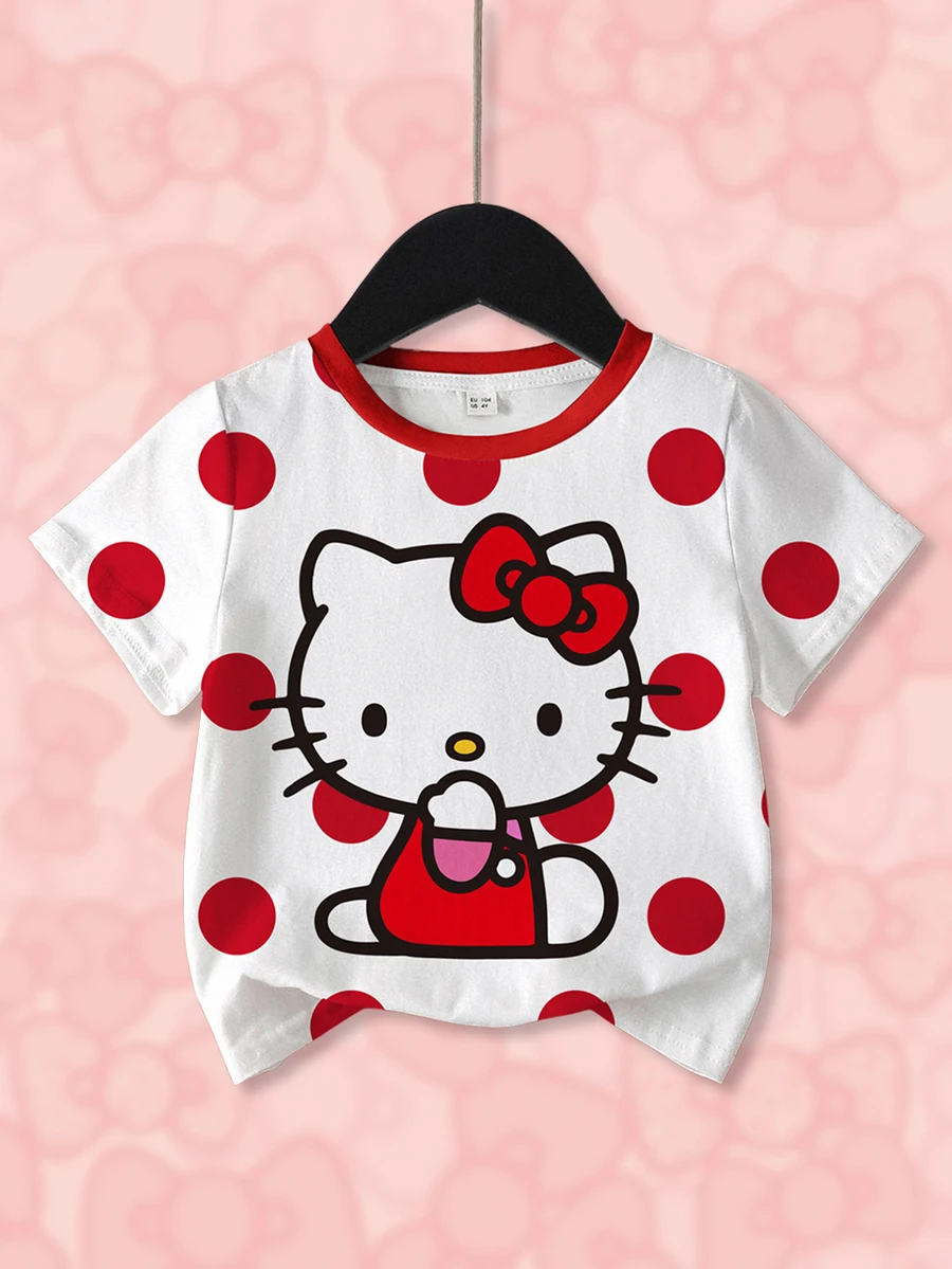 HELLO KITTY AND FRIENDS | SHEIN 女嬰波點卡通印花短袖上衣 - 白色 - 查看 1
