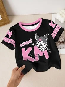 HELLO KITTY AND FRIENDS | SHEIN ملابس علوية كاجوال للبنات الرضع بطبعة حروف وياقة مستديرة وأكمام قصيرة - أبيض - مشاهدة 3