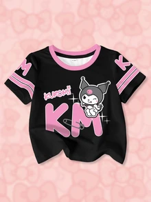 HELLO KITTY AND FRIENDS | SHEIN ملابس علوية كاجوال للبنات الرضع بطبعة حروف وياقة مستديرة وأكمام قصيرة - أبيض - مشاهدة 1