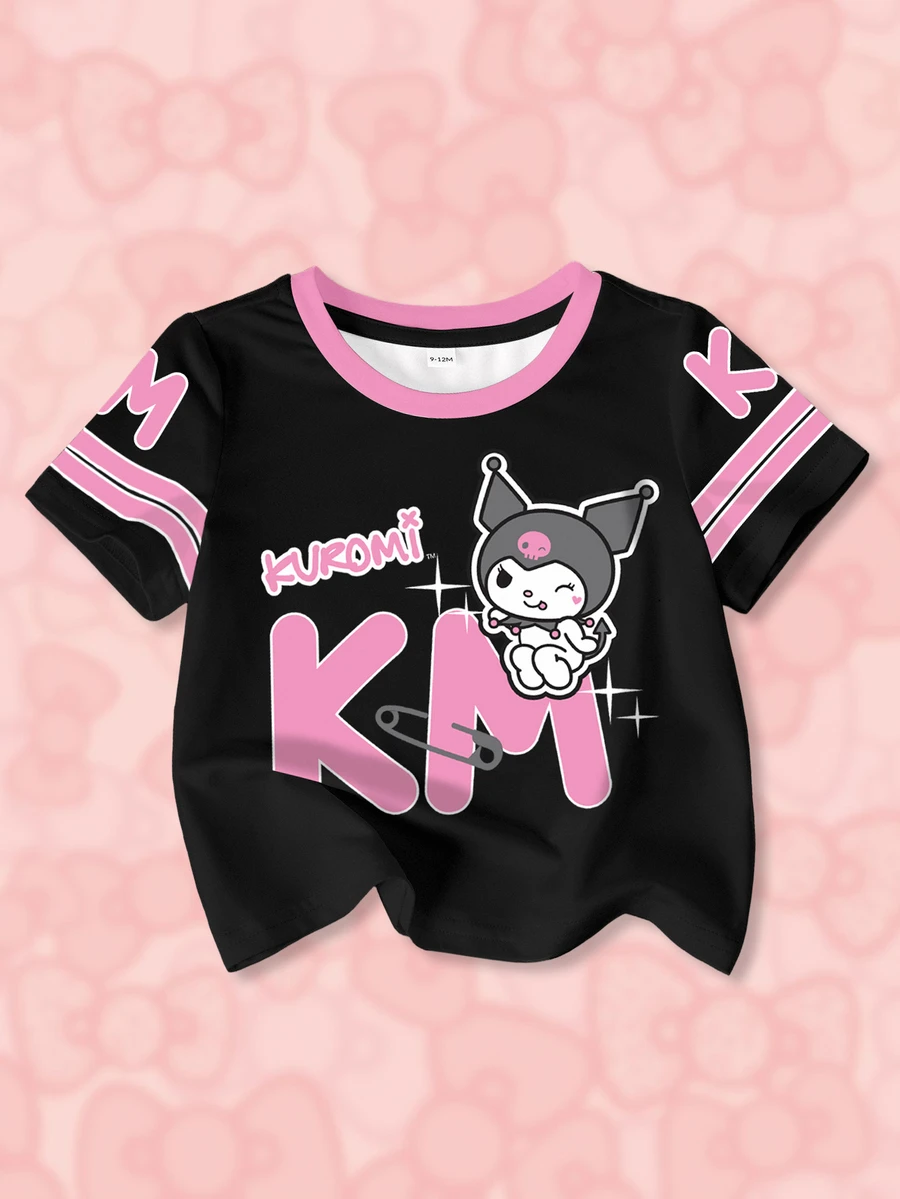 HELLO KITTY AND FRIENDS | SHEIN ملابس علوية كاجوال للبنات الرضع بطبعة حروف وياقة مستديرة وأكمام قصيرة - أبيض - مشاهدة 1