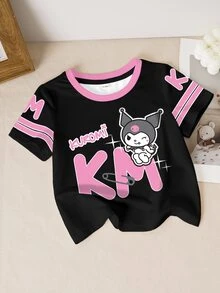 HELLO KITTY AND FRIENDS | SHEIN ملابس علوية كاجوال للبنات الرضع بطبعة حروف وياقة مستديرة وأكمام قصيرة - أبيض - مشاهدة 9
