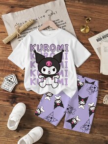 HELLO KITTY AND FRIENDS | SHEIN Tween Girl Letter Cartoon Print Short Sleeve T-Shirt And Shorts Casual Daily Set - White - View 3