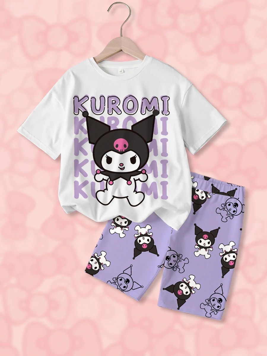 HELLO KITTY AND FRIENDS | SHEIN Tween Girl Letter Cartoon Print Short Sleeve T-Shirt And Shorts Casual Daily Set - White - View 1