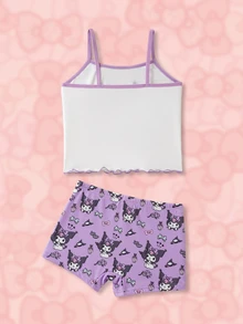 HELLO KITTY AND FRIENDS | SHEIN Young Girl Cartoon Print Camisole And Shorts Underwear Set - Purple - View 2