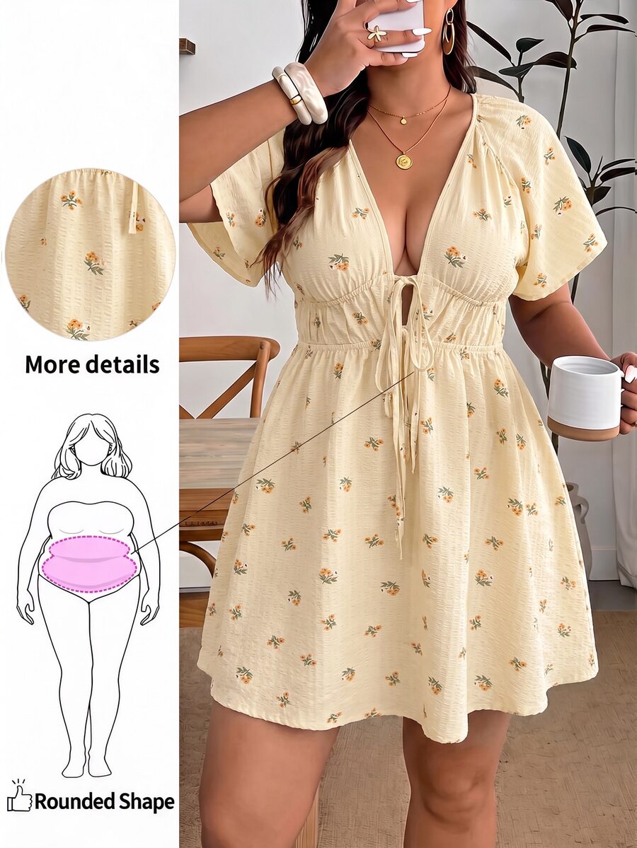 Enliva Plus Size Women's V-Neck A-Line Ruffle Sleeve Dress, Loose Fit Dress, Summer Short Sleeve Dress, Comfortable Plus Size Clothing, Printed Dress, Vacation Dress, Casual Dress, Back To School Dress, Casual Dress, Church Dress, Teacher Outfit, Plus Size Bubble Dress, Autumn Women's Clothing, Work Dress - Apricot - View 1