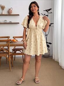 Enliva Plus Size Women's V-Neck A-Line Ruffle Sleeve Dress, Loose Fit Dress, Summer Short Sleeve Dress, Comfortable Plus Size Clothing, Printed Dress, Vacation Dress, Casual Dress, Back To School Dress, Casual Dress, Church Dress, Teacher Outfit, Plus Size Bubble Dress, Autumn Women's Clothing, Work Dress - Apricot - View 4