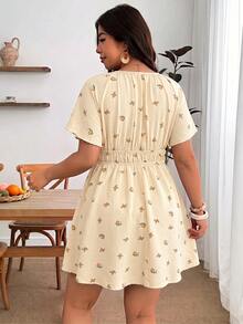 Enliva Plus Size Women's V-Neck A-Line Ruffle Sleeve Dress, Loose Fit Dress, Summer Short Sleeve Dress, Comfortable Plus Size Clothing, Printed Dress, Vacation Dress, Casual Dress, Back To School Dress, Casual Dress, Church Dress, Teacher Outfit, Plus Size Bubble Dress, Autumn Women's Clothing, Work Dress - Apricot - View 2