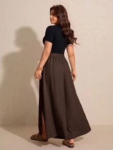 Elaquor 大尺碼女款拼色方領短袖開衩下擺休閒洋裝 - 棕色 - 查看 2