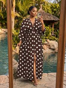 SHEIN Lady CURVE 大尺碼女款波點印花 3/4 袖開衩下擺休閒洋裝 - 棕色 - 查看 3