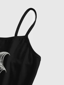 ROMWE Gaun Halloween Misterius Gaya Gothic Gelap dengan Tali Bahu Tipis dan Tali Elastis Ukuran Besar - Hitam - View 3