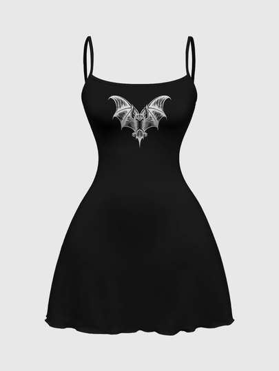 Goth Vestido Sexy de Talla Grande con Tirantes de Espagueti Elásticos, Murciélago Gótico Oscuro y Misterioso de Halloween