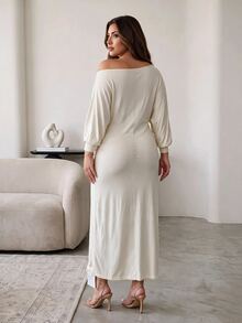 Hourglow Plus Size Women's Hourglass Body Shape One Shoulder Knit Ruched Maxi Dress - Apricot - View 2