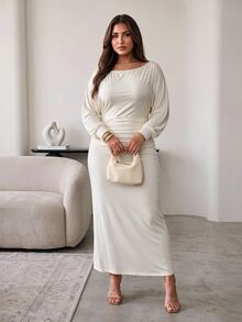 Hourglow Plus Size Women's Hourglass Body Shape One Shoulder Knit Ruched Maxi Dress - Apricot - View 4