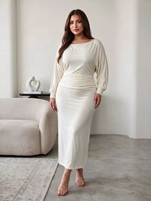 Hourglow Plus Size Women's Hourglass Body Shape One Shoulder Knit Ruched Maxi Dress - Apricot - View 5