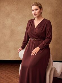 MOTF PREMIUM PLUS AUTUMN/WINTER LONG SLEEVE LONG DRESS WITH BELT DECORATION - Redwood - View 5