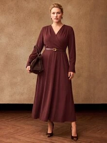 MOTF PREMIUM PLUS AUTUMN/WINTER LONG SLEEVE LONG DRESS WITH BELT DECORATION - Redwood - View 6