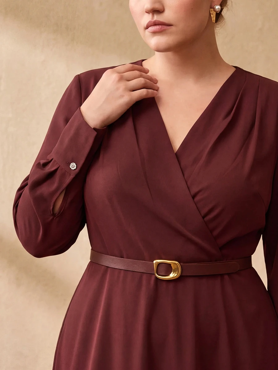 MOTF PREMIUM PLUS AUTUMN/WINTER LONG SLEEVE LONG DRESS WITH BELT DECORATION - Redwood - View 2