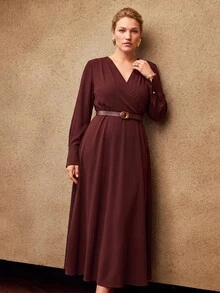 MOTF PREMIUM PLUS AUTUMN/WINTER LONG SLEEVE LONG DRESS WITH BELT DECORATION - Redwood - View 4