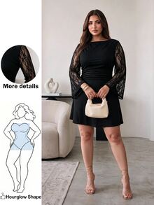 Hourglow Plus Size French Lace Long Sleeve Dress For Evening Party And Date - Black - View 1