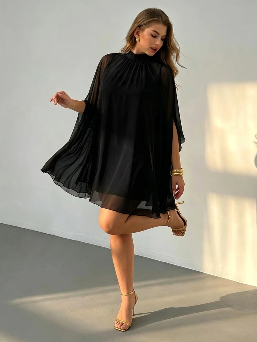 Auralis Plus Size Elegant Solid Color Cape Sleeve Dress - Black - View 1