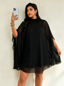 Auralis Plus Size Elegant Solid Color Cape Sleeve Dress - Black - View 5