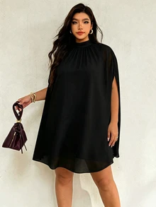 Auralis Plus Size Elegant Solid Color Cape Sleeve Dress - Black - View 4