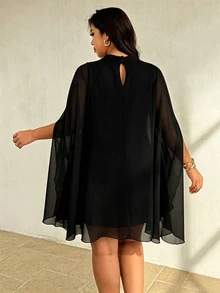 Auralis Plus Size Elegant Solid Color Cape Sleeve Dress - Black - View 2