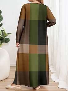 EMERY ROSE Casual Minimalist Allover Print Plus Size Long Sleeve Crew Neck Dress, Suitable For Spring & Autumn And Winter Chic Dress Fall - Multicolor - View 2