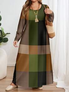 EMERY ROSE Casual Minimalist Allover Print Plus Size Long Sleeve Crew Neck Dress, Suitable For Spring & Autumn And Winter Chic Dress Fall - Multicolor - View 4