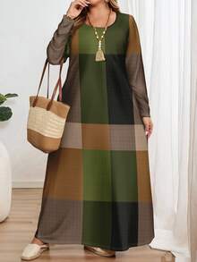 EMERY ROSE Casual Minimalist Allover Print Plus Size Long Sleeve Crew Neck Dress, Suitable For Spring & Autumn And Winter Chic Dress Fall - Multicolor - View 5
