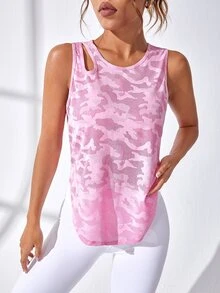 SHEIN Cheerettes 女款迷彩印花鏤空曲擺運動背心 運動服 健身運動服 秋季運動休閒裝 - 西瓜粉 - 查看 2