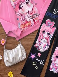 少女粉色動漫女孩與英文標語印花長袖衛衣運動褲休閒套裝 - 彩色 - 查看 5