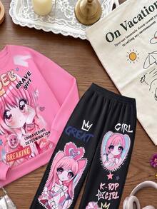 少女粉色動漫女孩與英文標語印花長袖衛衣運動褲休閒套裝 - 彩色 - 查看 3