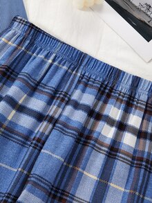 1set Boy's Blue Ribbed Long Sleeve Plaid Pants Loungewear - Multicolor - View 6