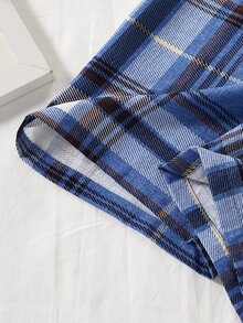 1set Boy's Blue Ribbed Long Sleeve Plaid Pants Loungewear - Multicolor - View 8