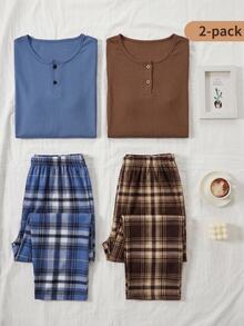 1set Boy's Blue Ribbed Long Sleeve Plaid Pants Loungewear - Multicolor - View 1