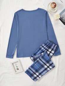 1set Boy's Blue Ribbed Long Sleeve Plaid Pants Loungewear - Multicolor - View 3