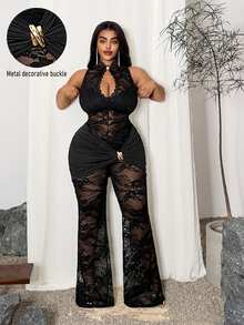 Maweii Plus Size Black Halter Sheer Lace Long Jumpsuit Sexy Plant Pattern Unitard Fall - Black - View 1
