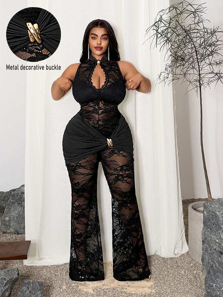 Maweii Plus Size Black Halter Sheer Lace Long Jumpsuit Sexy Plant Pattern Unitard Fall - Black - View 1