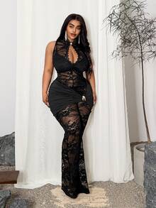 Maweii Plus Size Black Halter Sheer Lace Long Jumpsuit Sexy Plant Pattern Unitard Fall - Black - View 4